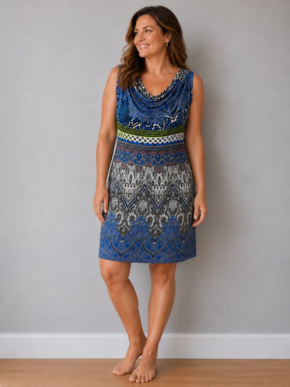 Nicole Benisti Paisley & Geometric Print Dress with Lime Accent